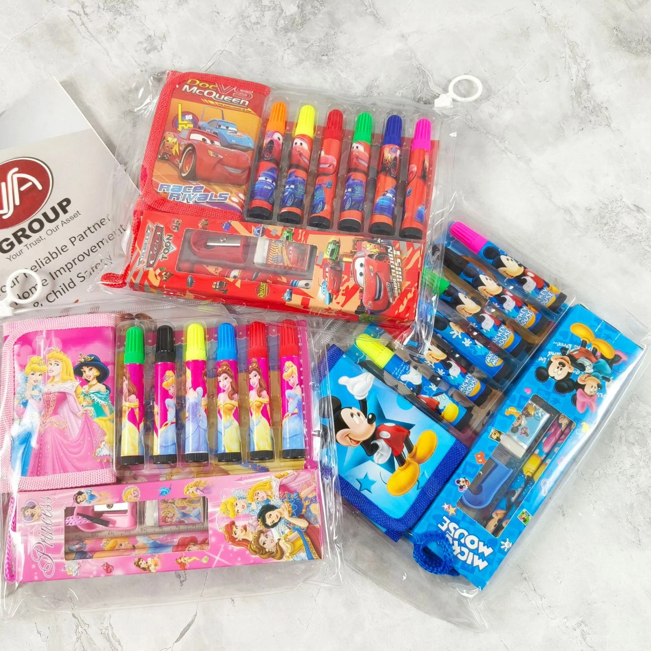 Return Gift Set of small kids wallet, 6 Sketch Pens & set of pencil eraser sharpener in zip pouch packing