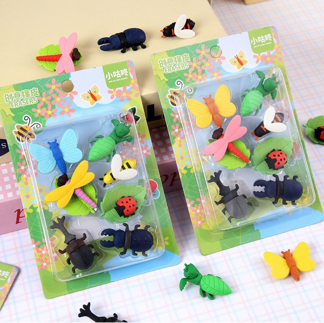 Cute Collectible Colourful 7 Assorted Bugs Insects Erasers